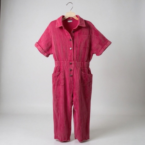 White Birch Pink Gauze Button-Up Jumpsuit | Size Large  boho beachy cottagecore - Picture 10 of 15